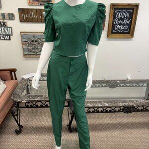 Green Puff‑Sleeve Two‑Piece Set